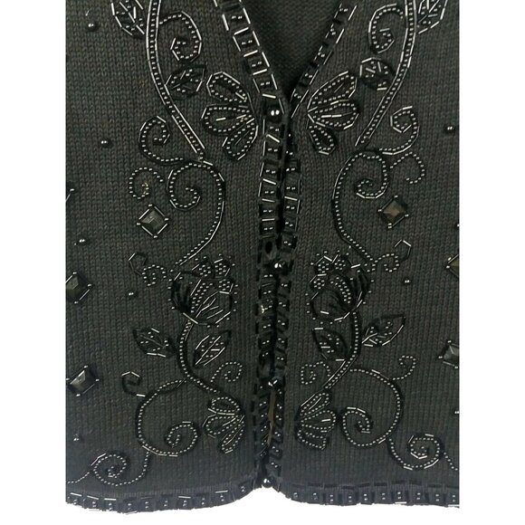 Festive Black Beaded Holiday Knit Vest Size Large Button Front Vintage - Picture 4 of 9